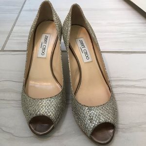 Jimmy Choo Isabel Champagne Glitter peep toe pumps